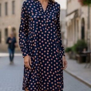 GAP Polka Dot Henley Dress Women's M Navy Blue Orange Long Sleeve Excellent